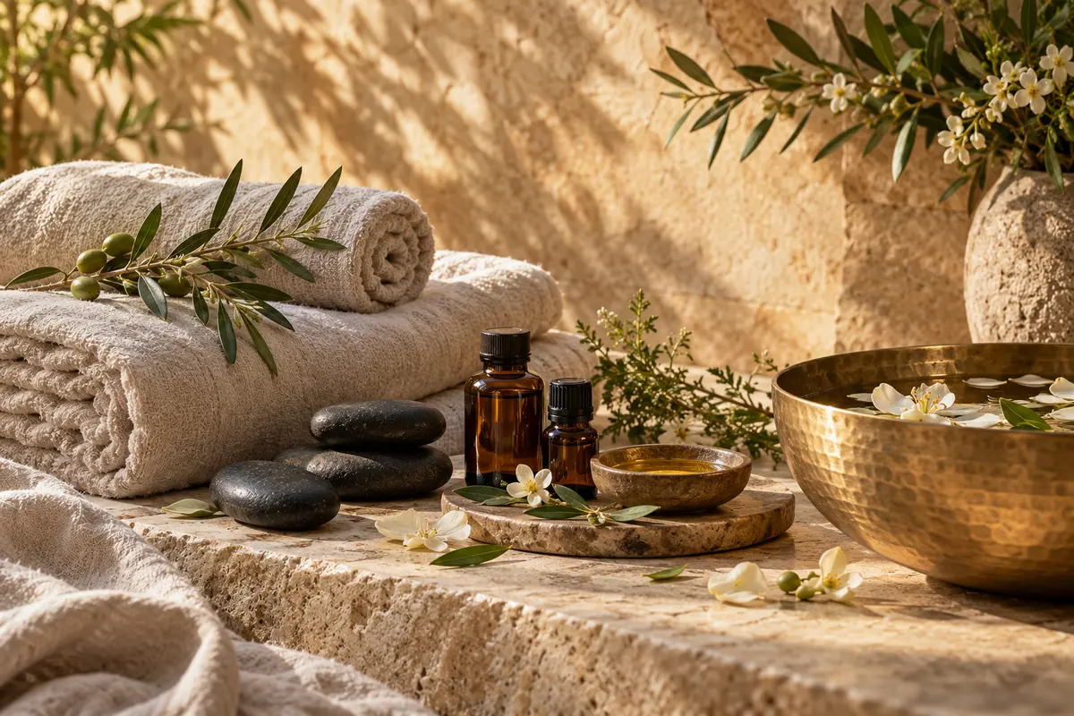 Illustrative arrangement of spa oils, massage stones and soft linens
