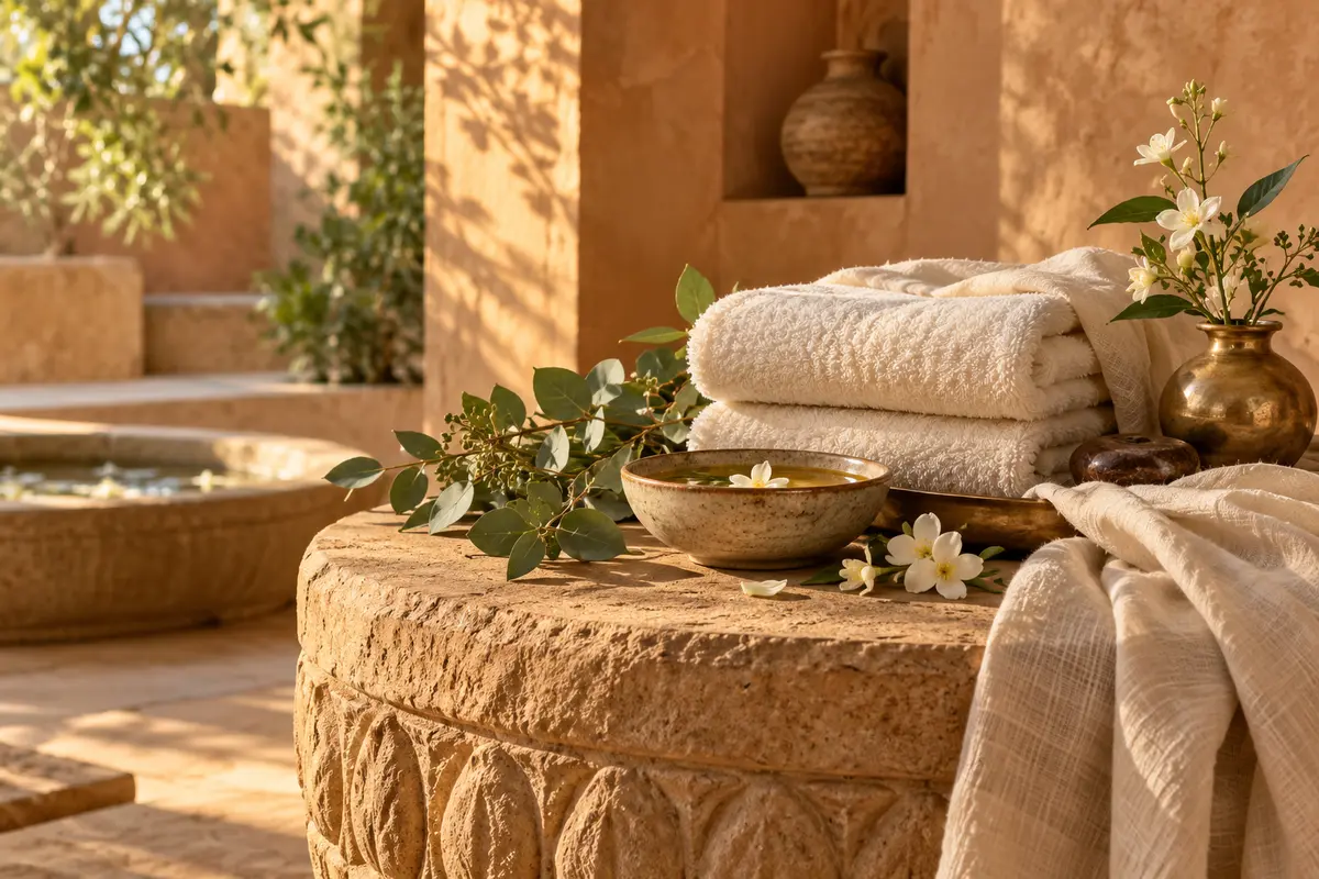 Illustrative wellness still life with folded towels, botanical oils and flowers